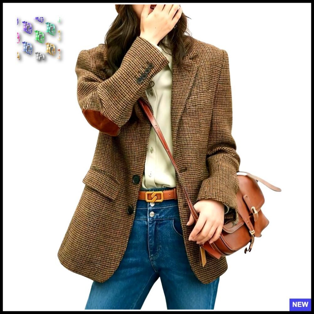 Wool Blend Blazer Classic Plaid Business Casual Work Coat Elegant Retro